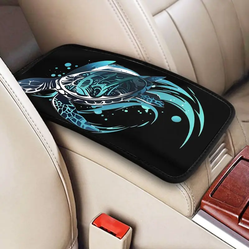 1Pc Car Armrest Cover + 2Pcs Cup Coasters | Tribal Blue Sea Turtle Print Car Interior Decor - view 5