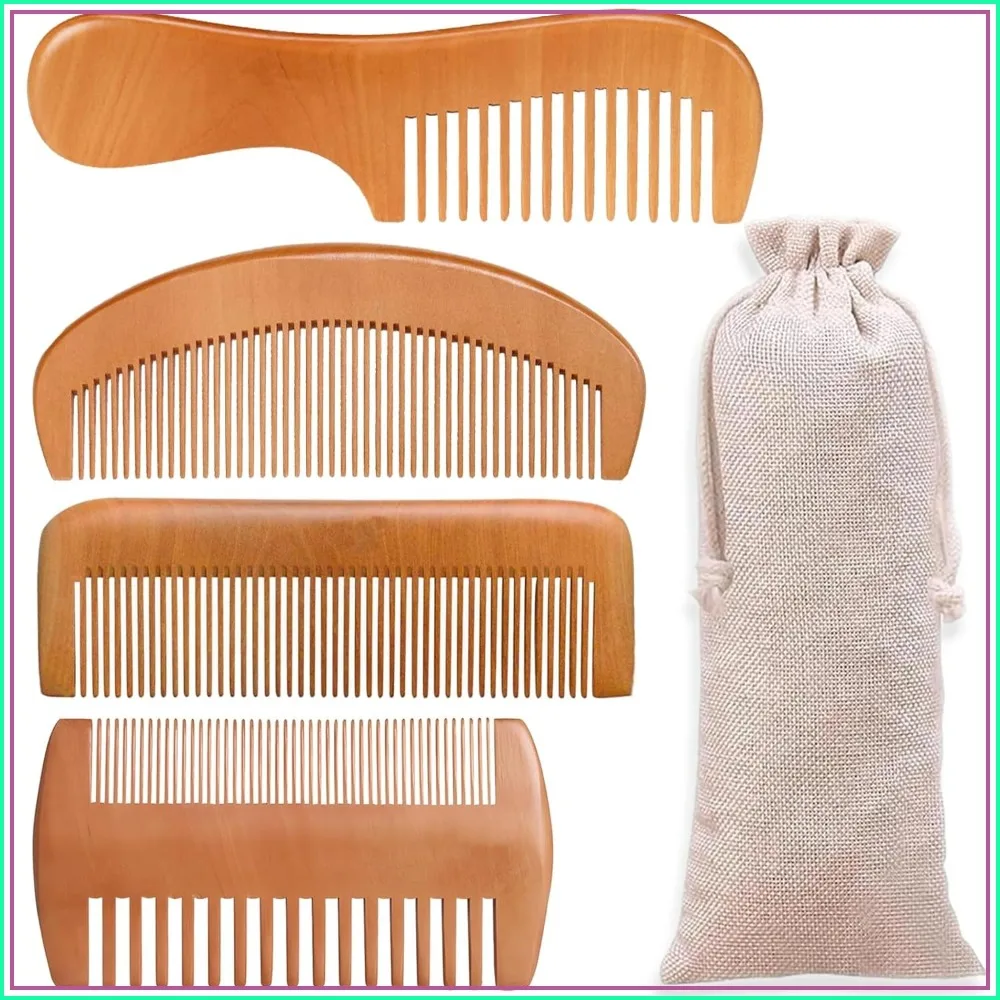 4-Pack Natural Bamboo Combs for Men & Women - Wide Tooth Detangling, Beard & Hair Care with Gift Bag