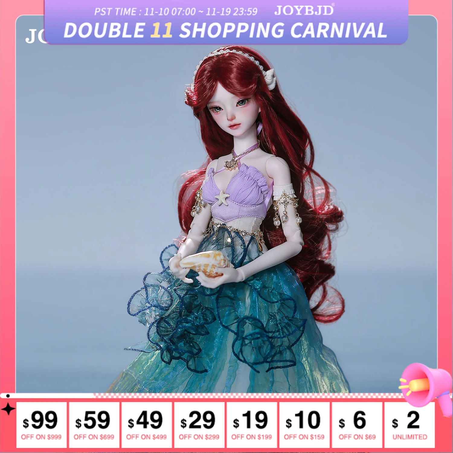 

JOYBJD Shimmer Fullset A 1/4 Русалка BJD Doll — Морской дух с короной из жемчужной ракушки | Сказочный полный набор, идеальный праздничный подарок