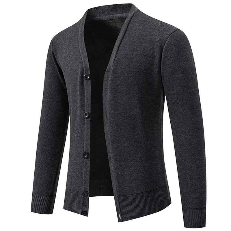 Fall and Winter Mens Knitted Cardigan V-Neck Thin Warm Elastic Jacket Solid Color Fashion Casual Wool Coat