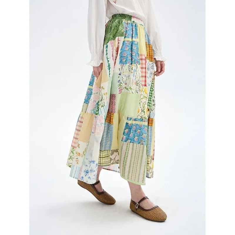 Women's Summer Vintage Bohemian Mori Girl Floral Print Maxi Skirt Sweet Kawaii Elastic Waist A-Line Boho Aesthetics Long Skirts