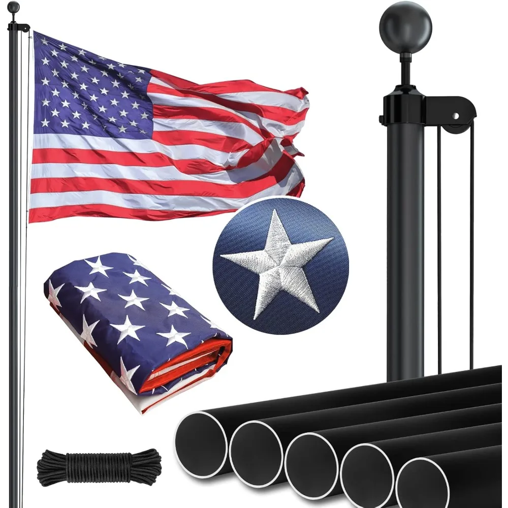 25FT Flag Pole with Embroidered Stars 3x5 American Flag-13 Gauge Extra Thick Aluminum Flagpole Kit