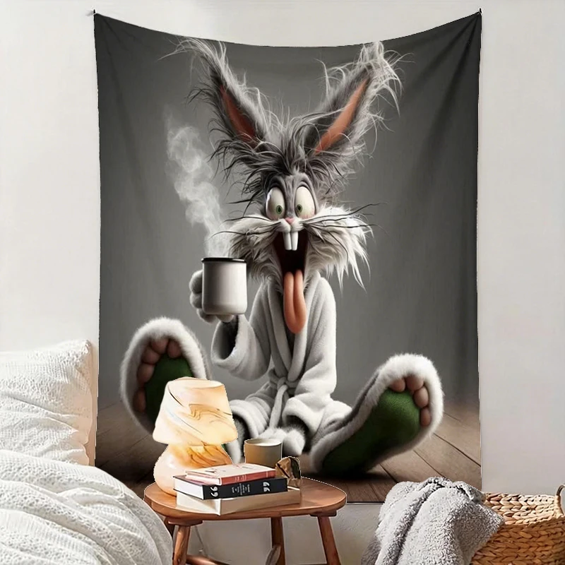 1PC Cartoon Rabbit Grey Art Print Backdrop Banner, Bedroom Living Room Photo Background, Polyester, Home Decor, Wall Art
