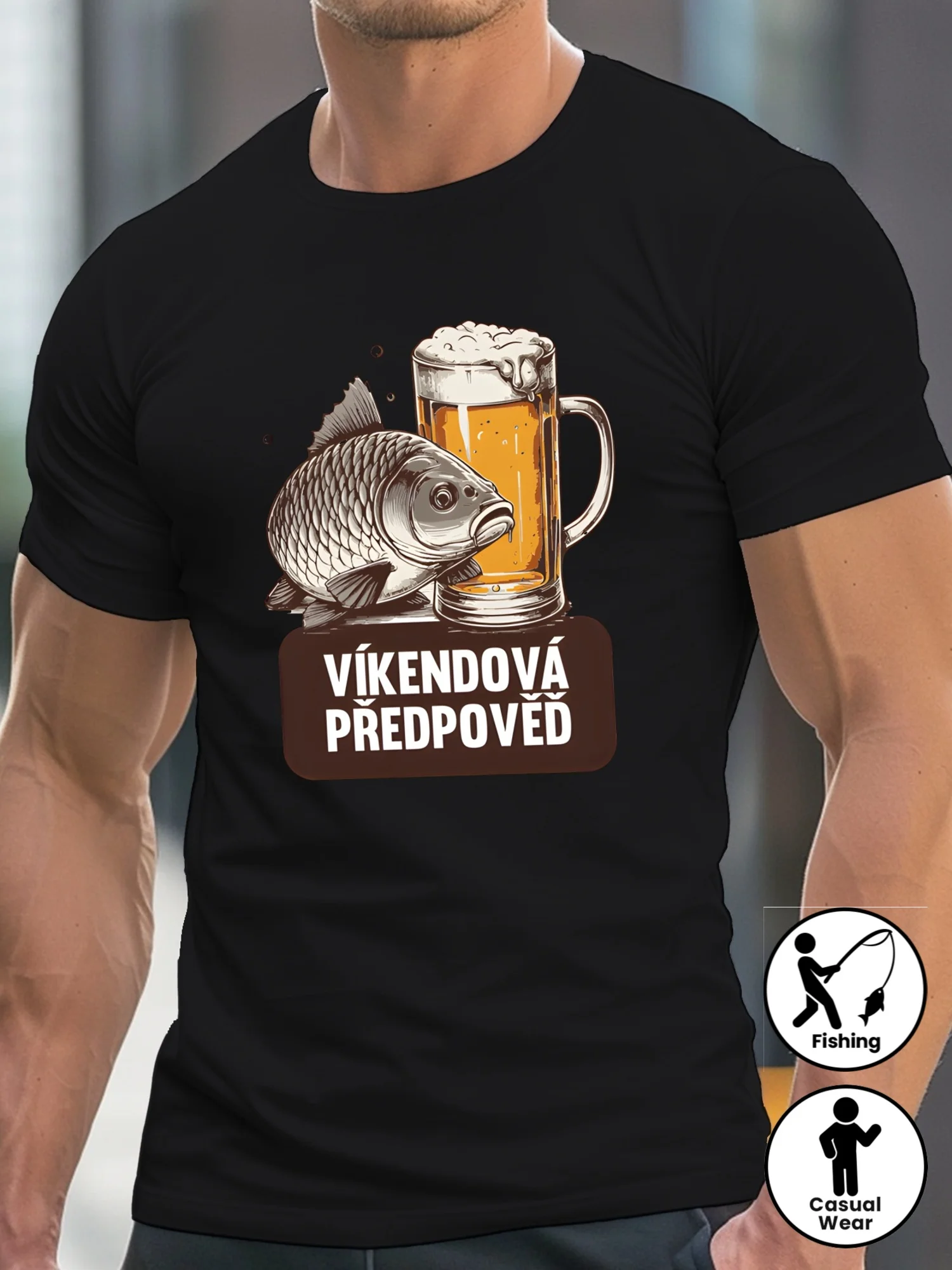 Men's Funny Fishing and Beer Czech Print T-Shirt - Lightweight Black Crew Neck Short Sleeve Shirt for Fishing Enthusiasts, Casual Summer Top - Machine Washable Fishing Travel Gift Set, Humorous Design, Comfortable Fit