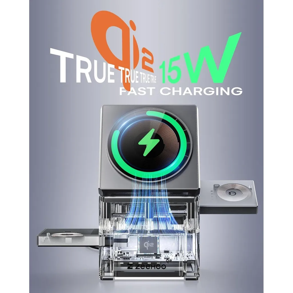 Estação de carregamento elétrica três em um sem fio com toque giratório e pop-up de 15 W de carregamento rápido, adequada