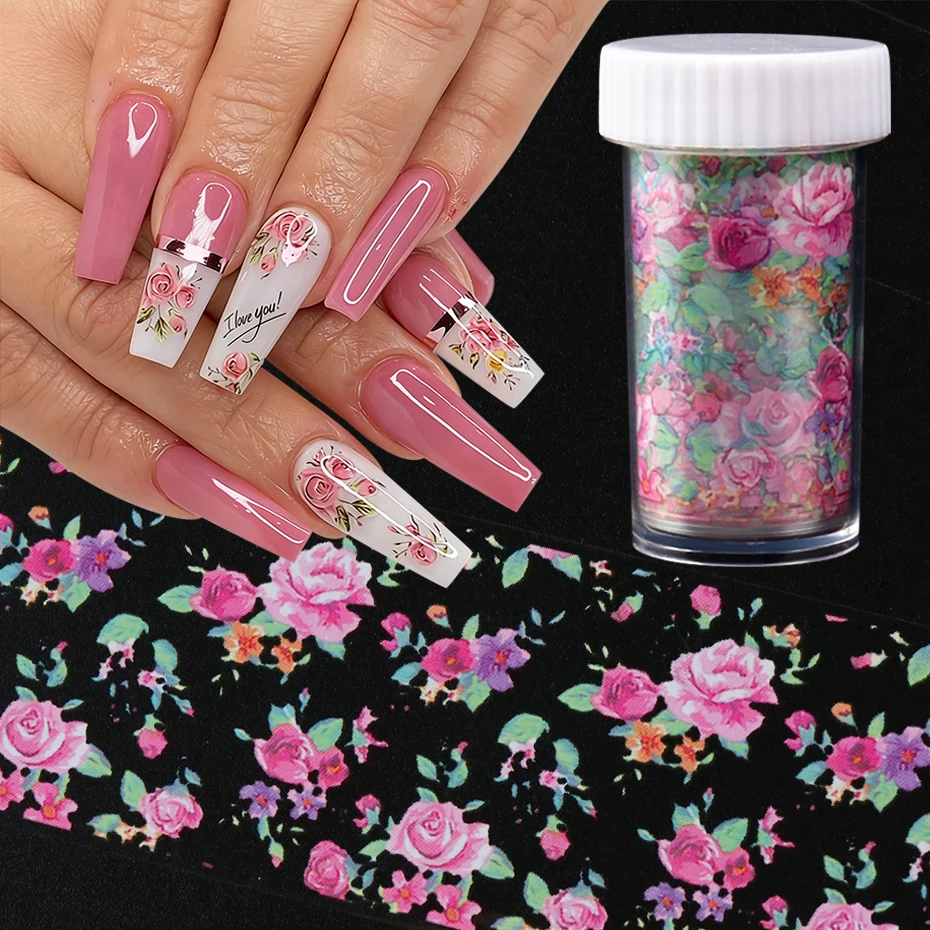 1 Stück Frühlings-Blumen-Rosen-Nagelfolien-Transferaufkleber Rosa Rose Elegantes Design Nagelkunst-Dekorationen Folien Maniküre-Zubehör