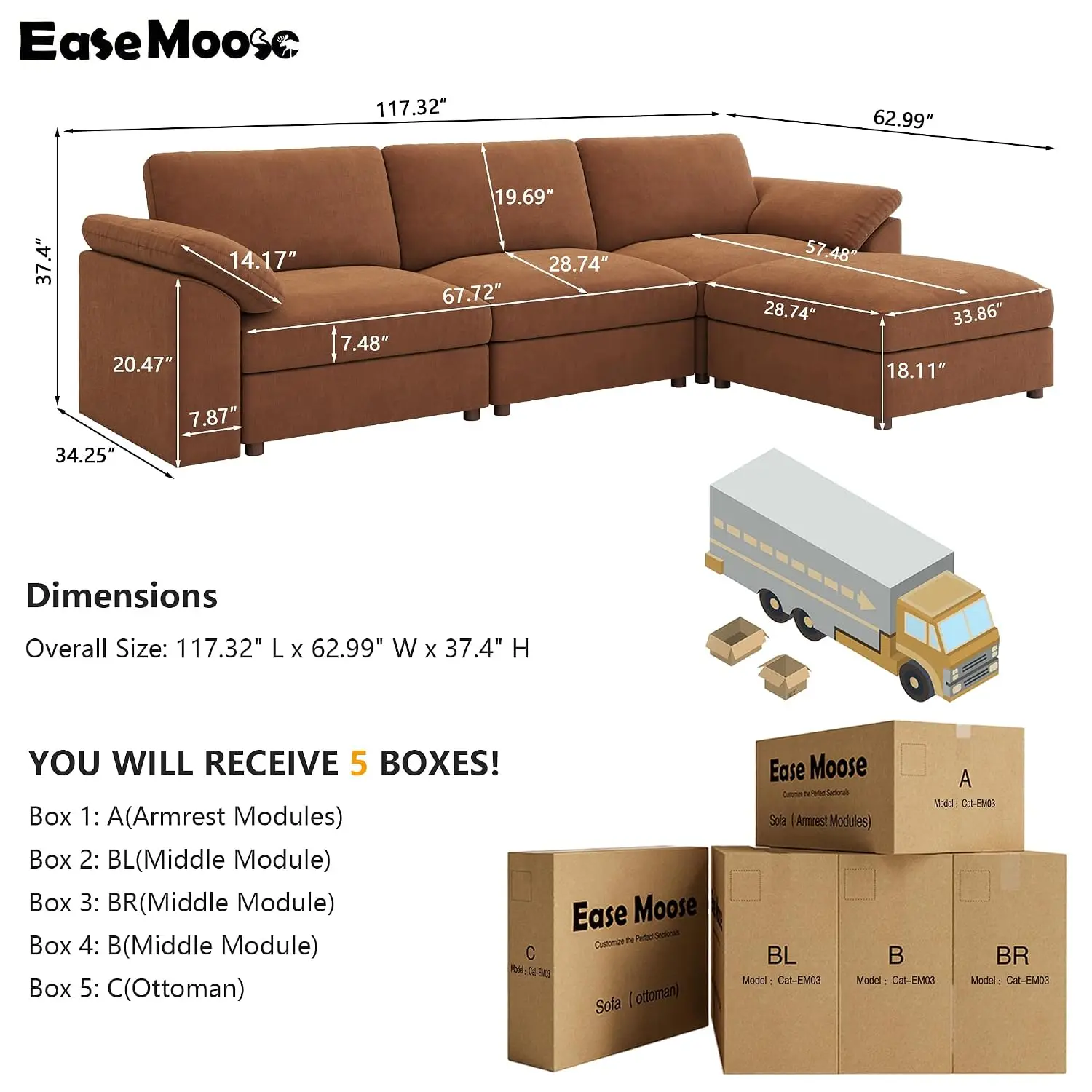 Brown Sectional Modular Sofa,Comfortable Oversized L Shape Sectional Couch Wide Deep seat Sectional Sofa, Custom