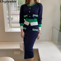 Elegant Navy blue Sweater Suit Two-piece Temperament Fall Winter Knitted Cardigan Tops and Long Mid-length Skirts Knitting Suits