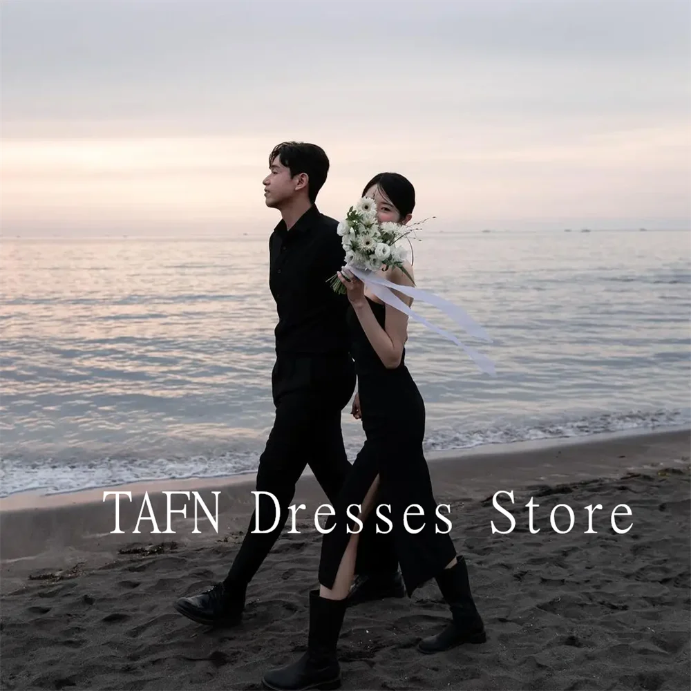 TAFN Strapless Korea Sheath Evening Dresses Black Sleeveless Simple 프롬드레스 Tea Length Side Slit Party Growns Photo Shoot Dress