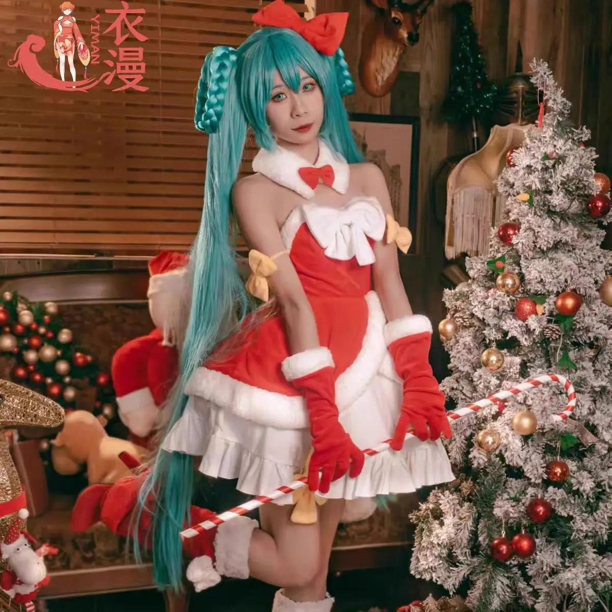 

M iku Cosplay Costume Christmas Miku Red Strapless Dress Glove Headwear Outfit Halloween Carnival Party Cute Girl Dress 2025