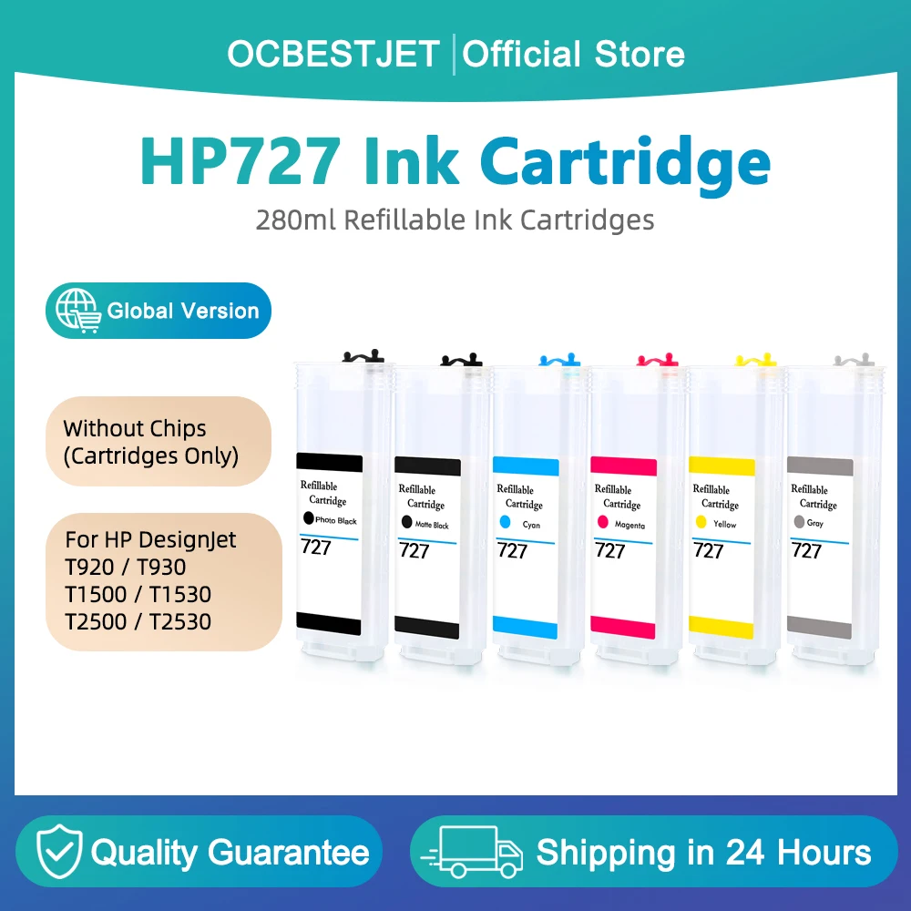 

280 мл без чипа для HP 727, многоразовый картридж для принтера HP Designjet T920 T2500 T930 T1530 T2530 T1500, 6 цветов/набор