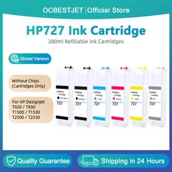 280ML Without Chip For HP 727 refillable Ink Cartridge For HP Designjet T920 T2500 T930 T1530 T2530 T1500 Printer 6Colors/Set