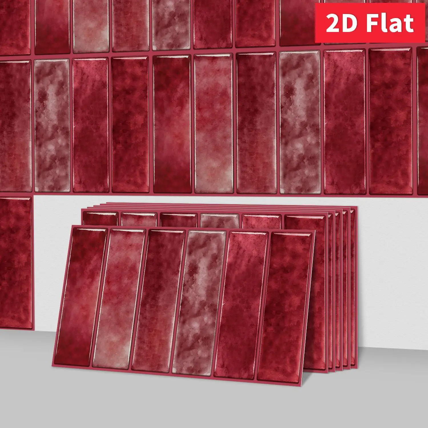 Burgundy Red Self‑Adhesive Wall Tile Stickers 11.81×5.91 inch 2D Flat Crystal Film for Kitchen Bathroom Living Room Decor