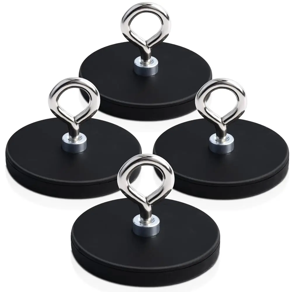 2/4Pcs 43x6 Strong Rubber Coated Magnet Neodymium Magnet Mount Base Suction Cup with Eyebolt lifting and hanging