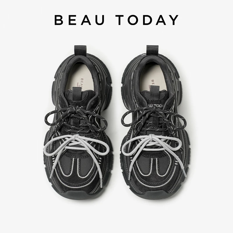 

BBEAUTODAY Chunky Sneakers Women Suede Leather Double Shoelaces Mixed Colors Trainers Lace-up Female Shoes Handmade 29A60