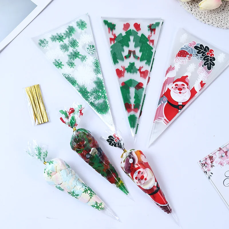 50pcs Christmas Snack Packaging Bags Christmas Eve New Year Party Gift Bag Candy Chocolate Transparent OPP Plastic Pouch
