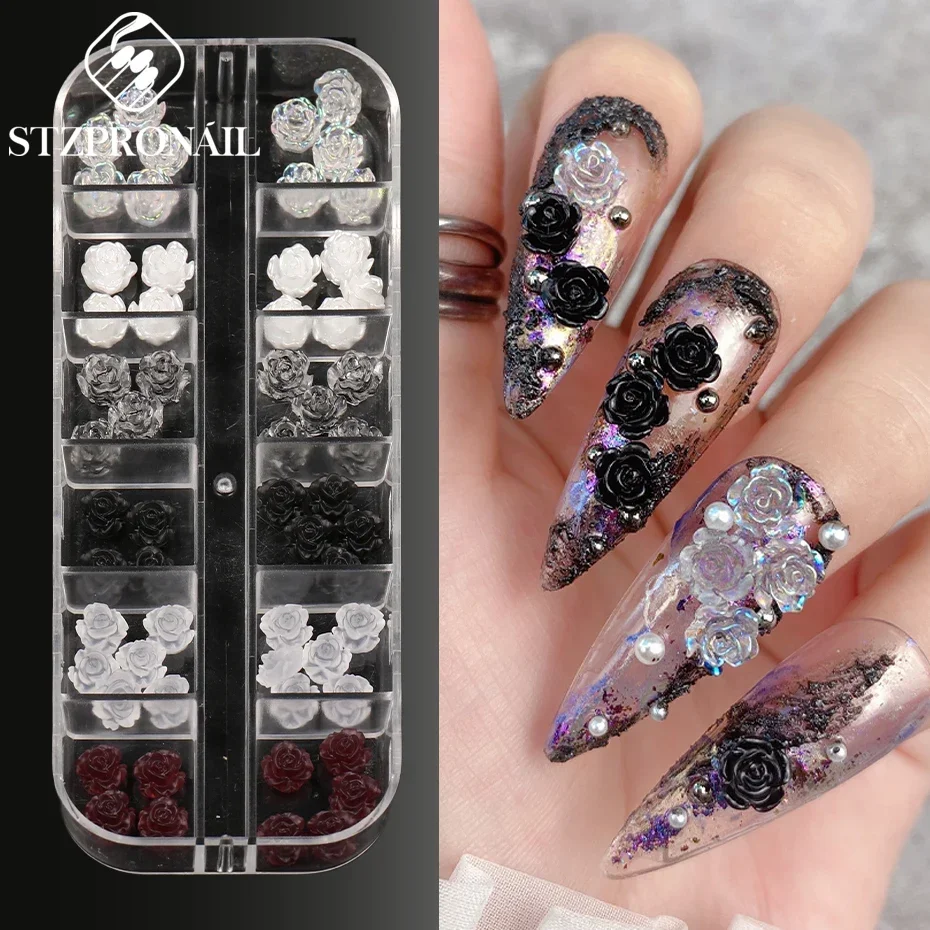 12 Siatki Matte Camellia 3D Nail Art Decoration Charms Akrylowe Kwiaty Dekoracje Rose Valentine Punk Y2K Akcesoria Biżuteria Części