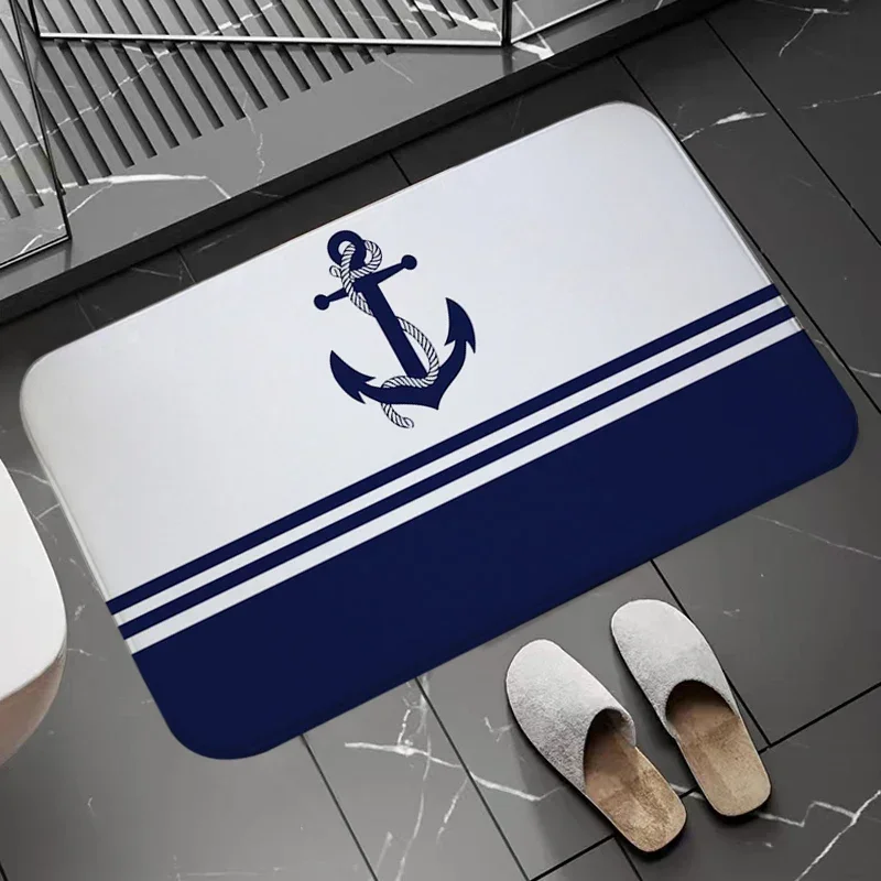 Chic Nautical Anchor Boat Navy Blue Stripes Doormat Bathroom AntiSlip Floor Mat Long Corridor Carpet Custom Rug For Kitchen B@0