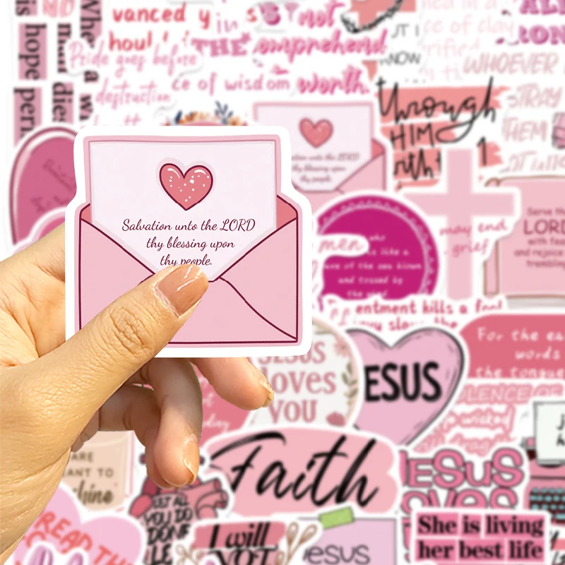50Pcs Pink Bible Verse Stickers Christian Faith Quotes Waterproof Decals for Envelope Notebook Luggage Laptop Phone Stationery