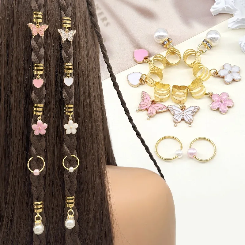 

10PCS Pink White Butterfly Camellia Heart Pearl Pendant Hair Clips Set New Braiding Accessories Easy Snap on For Daily Party