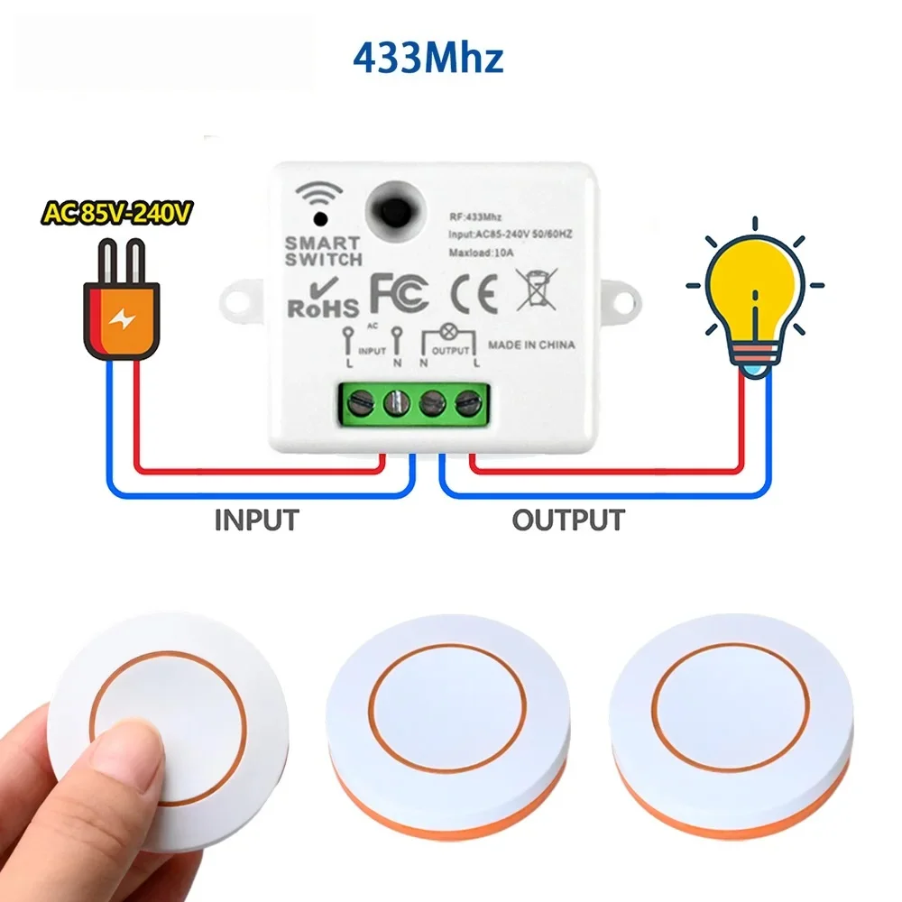 433Mhz Wireless Round Button Remote Control; 110V 220V 230V 20V Mini Receiver Rf Safety Switch Module; 2200W Refrigerator Household Led Light Bulb Remote Control Switch; Round Adhesive Switch