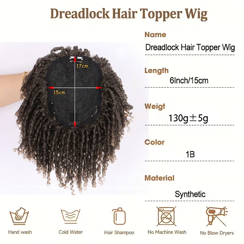 6Inch Synthetic Clip-In Dreadlock Hair Toppe Short Afro Curly Dreadlock Toupee Cover Thin Hair Easy Wear Daily for Women Men