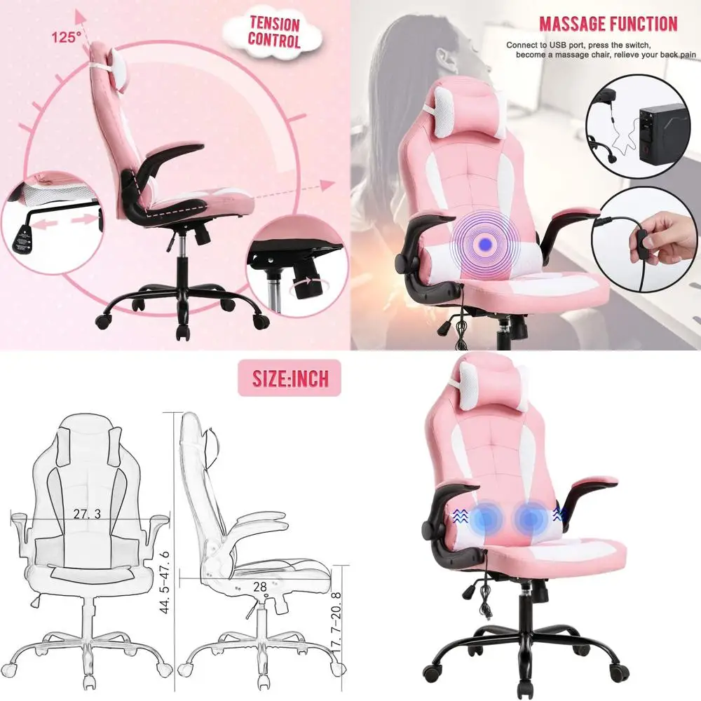 

Эргономичное кресло из искусственной кожи с поддержкой поясницы и массажем, идеально подходит для игр, работы в офисе или за столом, розовое, для женщин