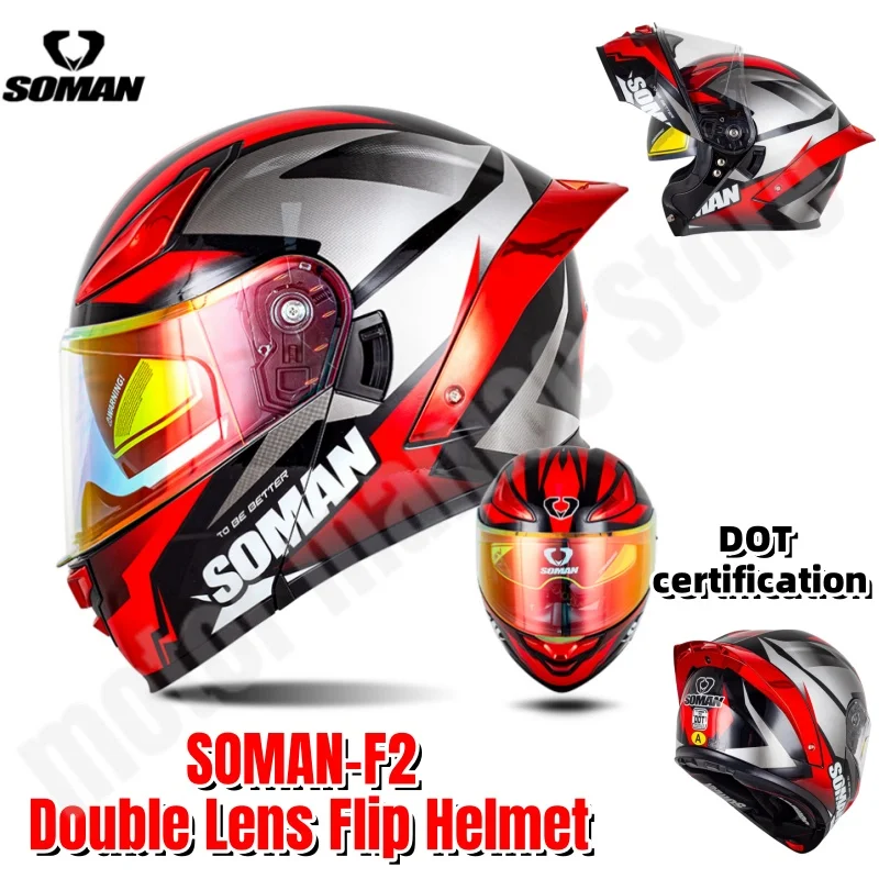 SOMAN F2 Motorcycle Double Lens Flip Helmet Colorful Lens Profesonal Motorcycle Racing Full Face Helmet Crash Helmet Motorcycle