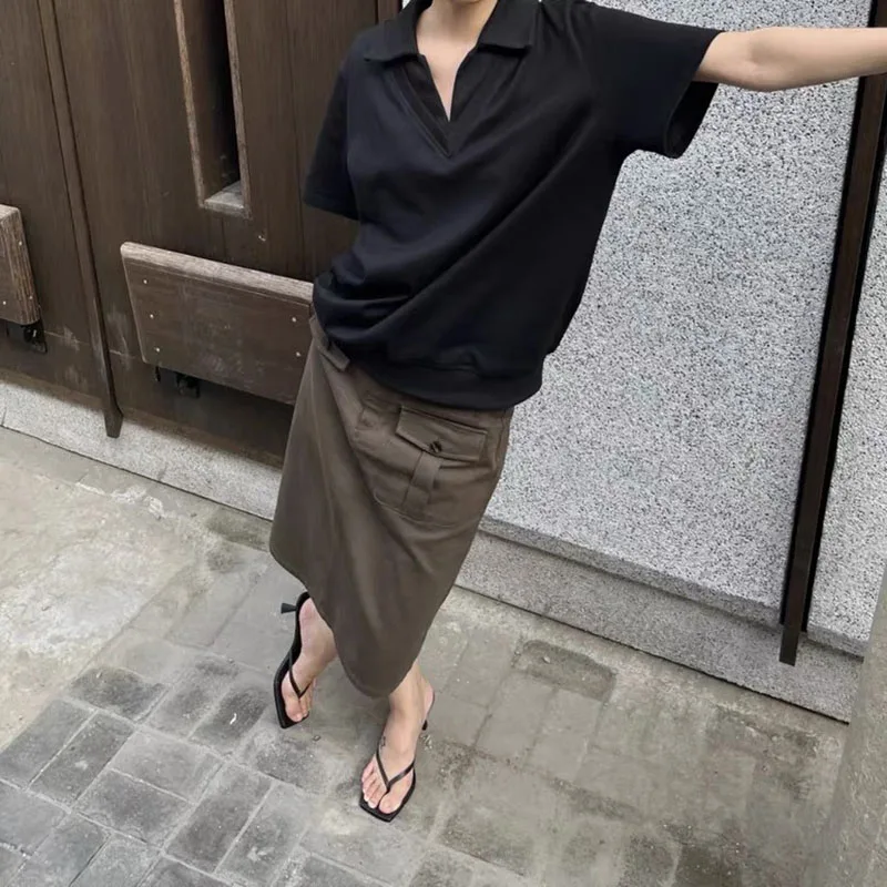 Women T-shirt Short Sleeve Double Layered Fake Two Piece V-neck Thread Splicing Loose Solid Color Simple Slim Daily Casual Top