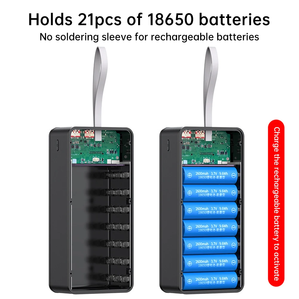 21PCS 18650 Battery Box DIY Mobile Power Case Solderless 22.5W Fast Charging DC/USB/Type-C Output With LED Light Outdoor Power