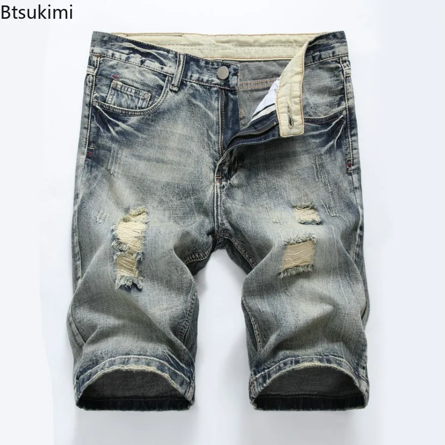 2024 Men's Denim Shorts Summer New Style Elastic Slim Fit Short Jeans Fashion Holes Casual Cotton Cowboy Short Trousers for Male