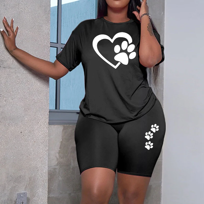 New Trend Women\'s Summer Sportswear 2pcs Set Round Neck T-shirt Tight Shorts Ladies Home Outdoor Versatile Casual Sports Outfits