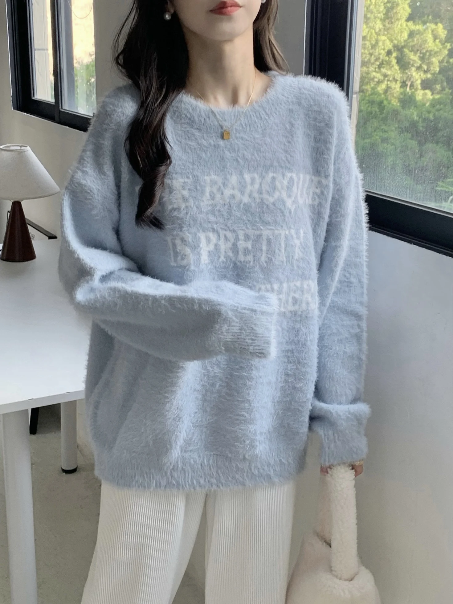 

Мягкий синий нежный норковый круглый свитер Ne, женский свободный корейский свитер Lazy Thi, вязаный топ на осень и зиму, теплый пушистый топ