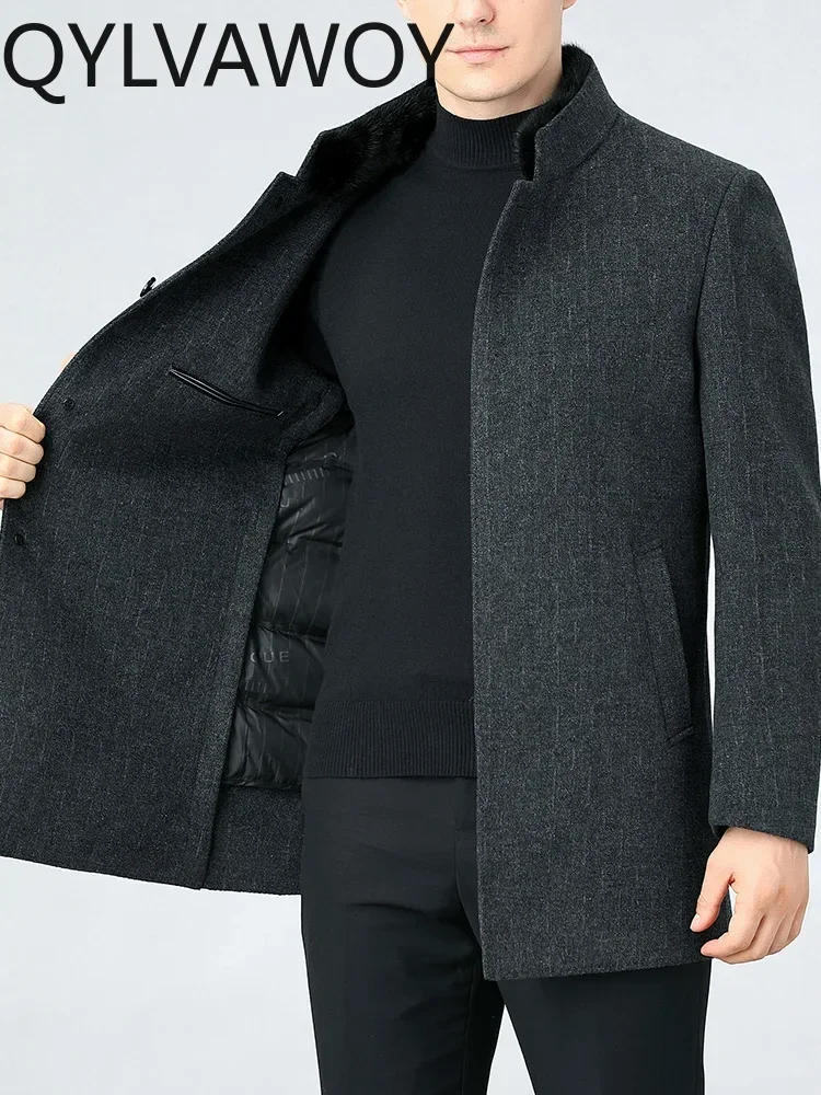QYLVAWOY Double Sided 100% Cashmere Coat Men's Winter Jacket Men Midi Long Coats Standing Collar Wool Jackets for Male Clothing