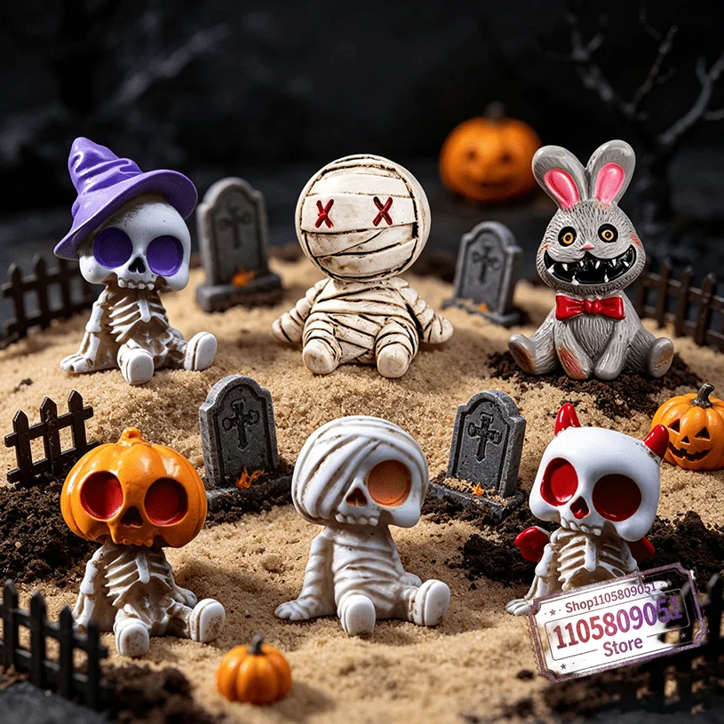 6pcs Halloween Resin Skeleton Mummy Figurines Mini Statues for DIY Micro Landscape Bonsai Car Desk Decor