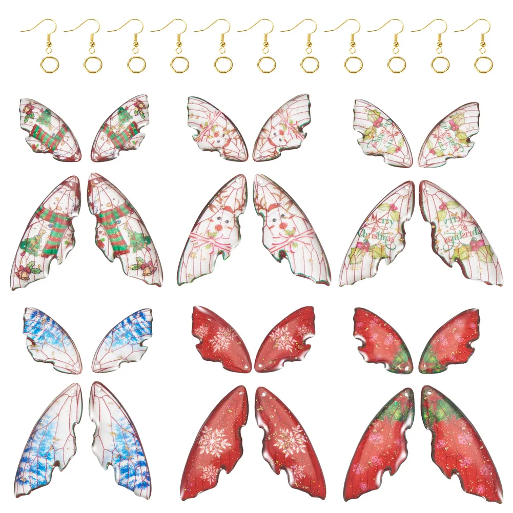 6 Pairs Mixed Christmas Theme Epoxy Resin Wing Charms for Dangle Earring DIY Jewelry Making Finding Kits Gifts