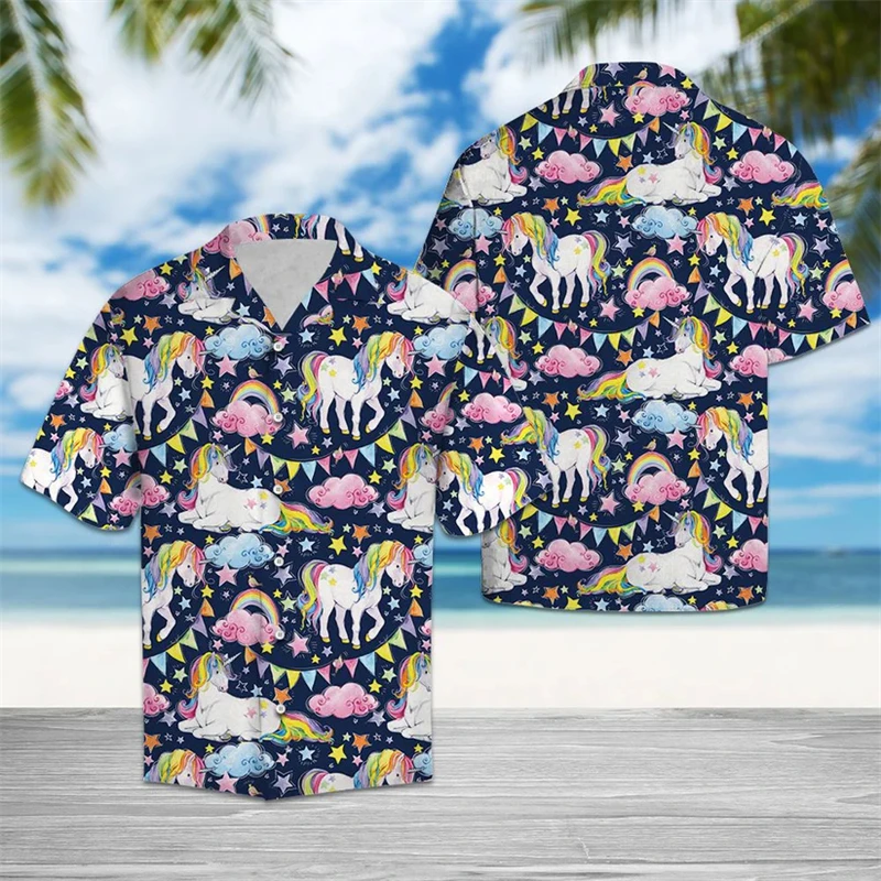 Fashion Unicorn Pattern Hawaiian Shirts For Men Summer Trendy Streetwear 3D Printed Short Sleeve Shirt Cool Oversized Blouses