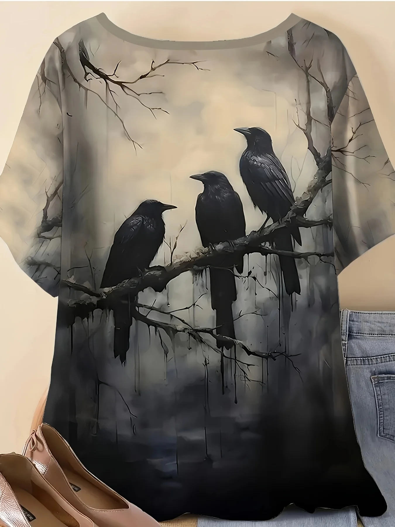 Women Crew Neck Short Sleeve T‑Shirt, Gothic Black Crows On Dead Branch Dark Moody Vintage Art Graphic Casual Te