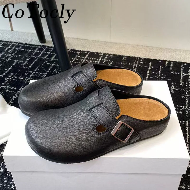 Высококачественные замшевые кожаные тапочки, женские шлепанцы на плоской подошве с круглым носком, повседневные туфли без каблуков, женские тапочки с металлической пряжкой