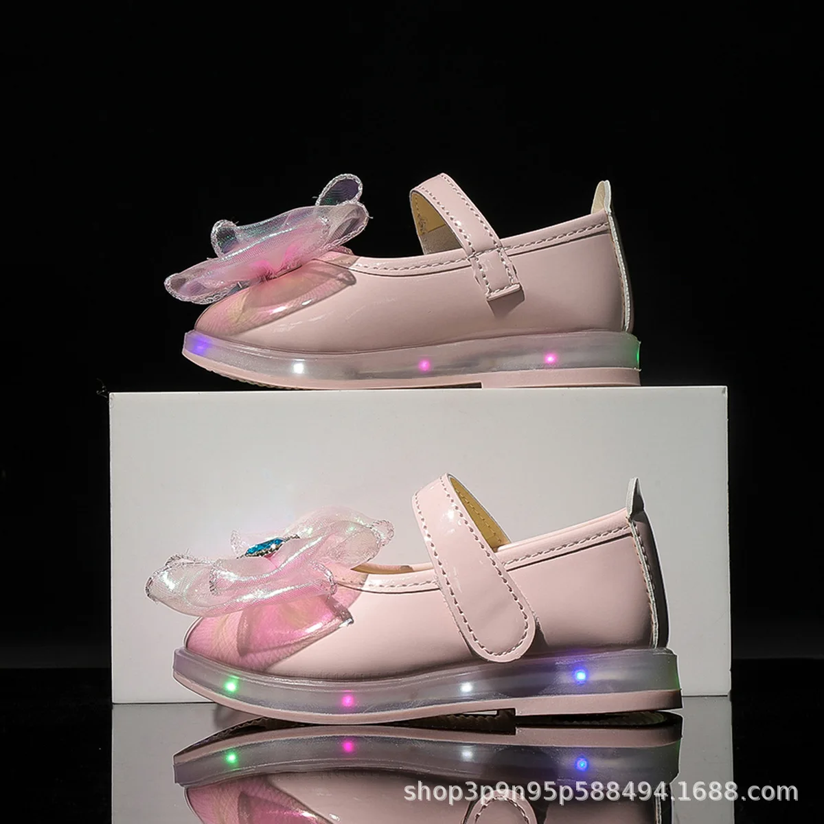 New Spring Autumn Girl Velcro LED-Light-up Square-toe Princess Shoe Children Big Bow Casual Flats Shoe Kids with Mary Jane Shoes