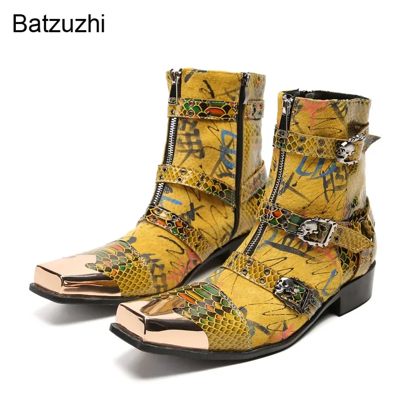 Batzuzhi Punk Rock Men Boots Square Toe Golden Leather Men's Boots Zip Golden Cap Head Motorcycle Boots Men, Big Size 38-46!