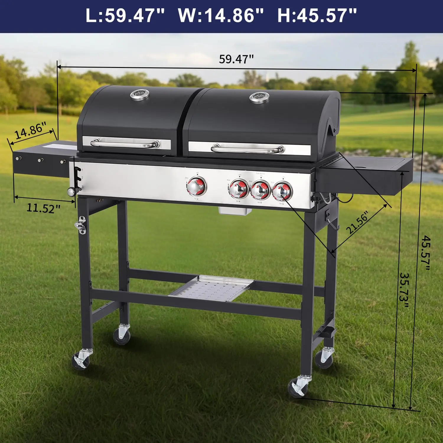 Charcoal and 3-Burner Propane Gas Grill Combo with Side Burner & Porcelain-Enameled Cast Iron Grate, Dual Fuel BBQ, Customized