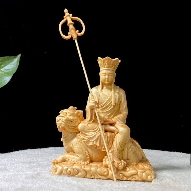 Natural Cypress  Riding God Beast Ksitigarbha King Bodhisattva Figure Statue ，Home room office decoration feng shui statue