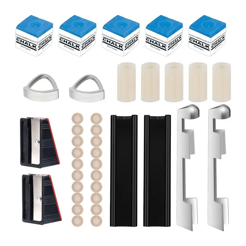 

Billiard Cue Repair Kit 2 Cue Tip Clamps 20 Cue Tips 2 Shapers 5 Chalk Square 5 Ferrules 2 Cue Tip Planers Repair Part Limited T