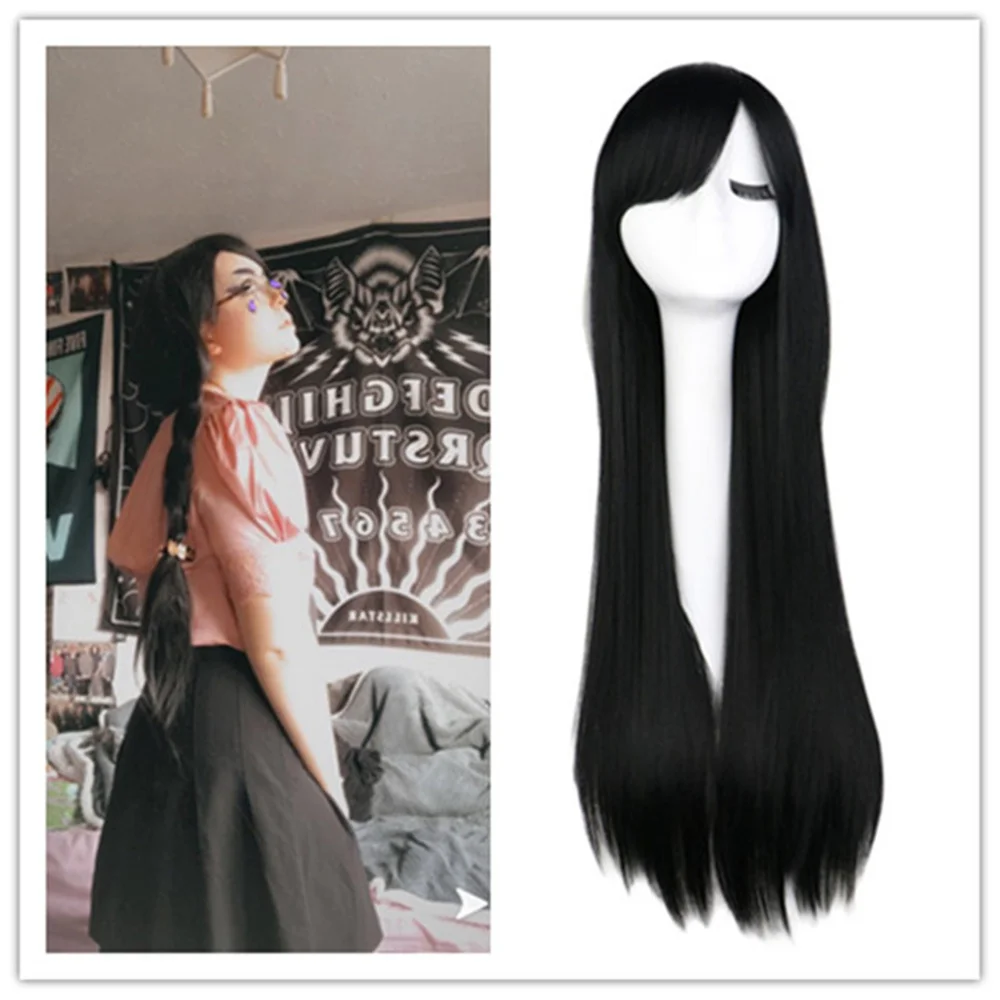 

Длинные прямые черные парики для косплея с челкой, женские синтетические парики, длинные натуральные прямые парики для аниме, костюм на Хэллоуин, вечерние