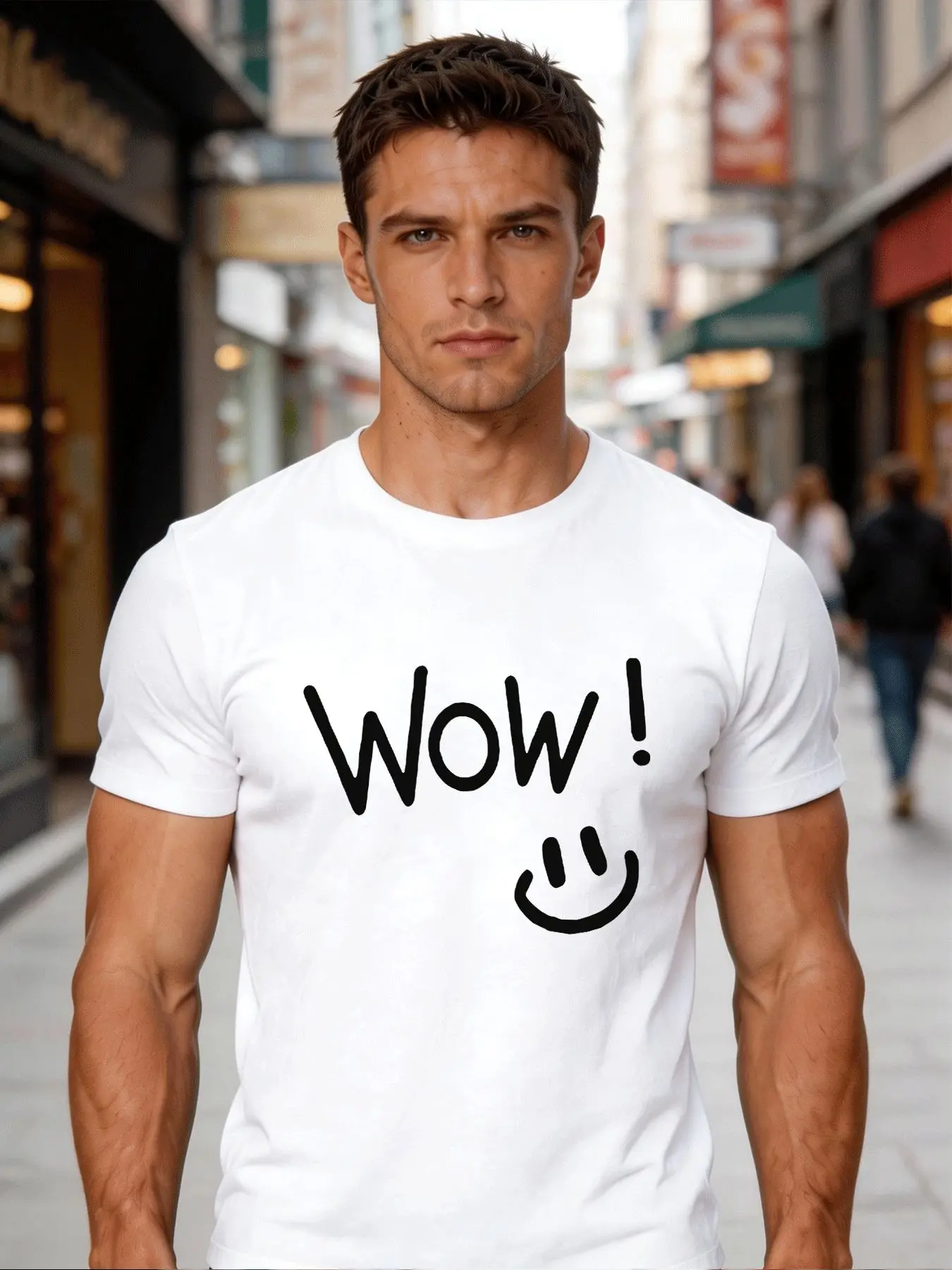 New Men White Crew Neck Tee Simple Hand Drawn Wow Text Minimal Smiley Face Graphic Casual Daily Streetwear Cotton Male Tops