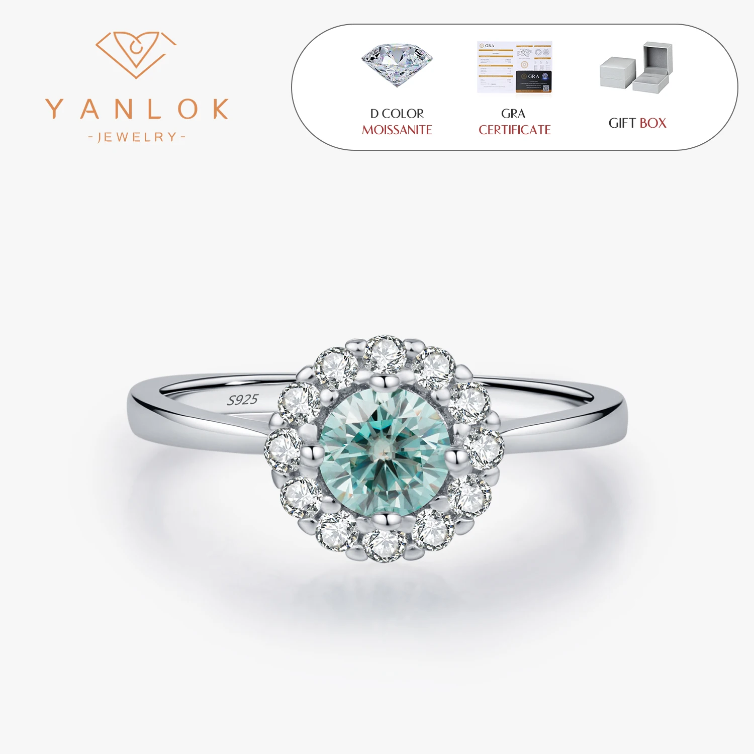 

YANLOK настоящее серебро 925 пробы модные элегантные круглые бирюзовые кольца на палец с муассанитом и ореолом для женщин ювелирные аксессуары