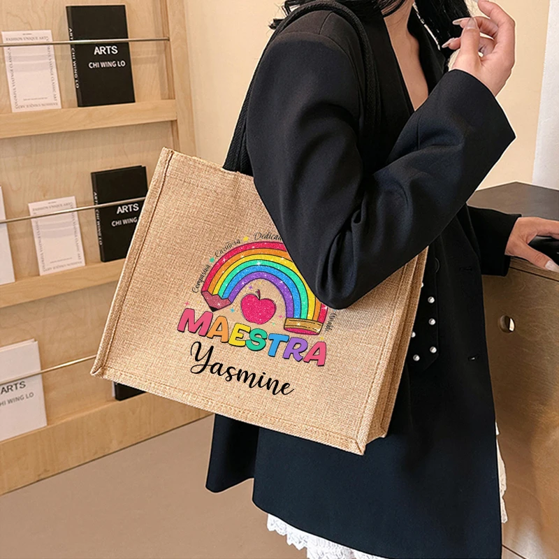 Maestra Customized Name Linen Tote Bag Organizer New Fashion Shoulder Bag Travel Storage Handbag Shopping Bags Gift for Teachers