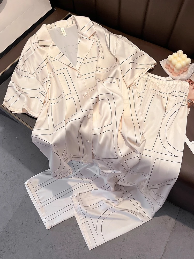 

New Geometric Printed Pajama Long Sleeve 100% Mulberry Silk Home Clothes High End Loose Set