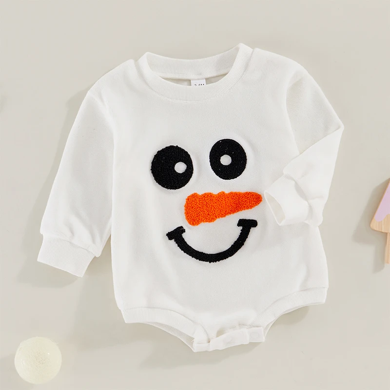 Baby Girls Boys Sweatshirts Rompers Christmas Clothes Snowman Embroidered Long Sleeve Toddler Fall Bodysuits